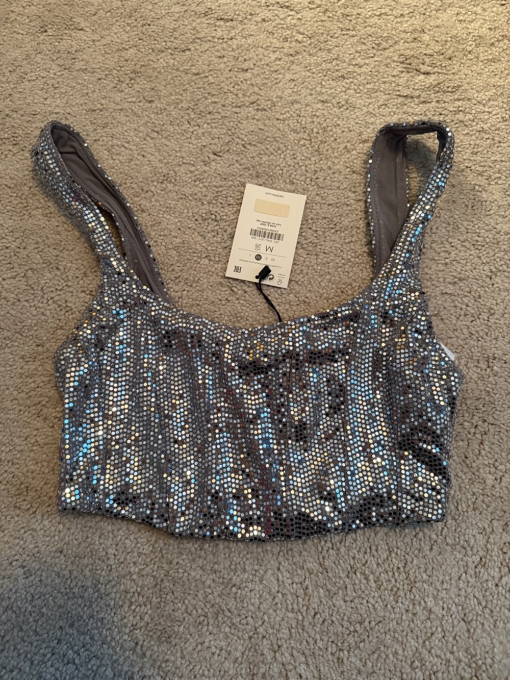 Bershka Shimmer Sequin Crop Top - Silver